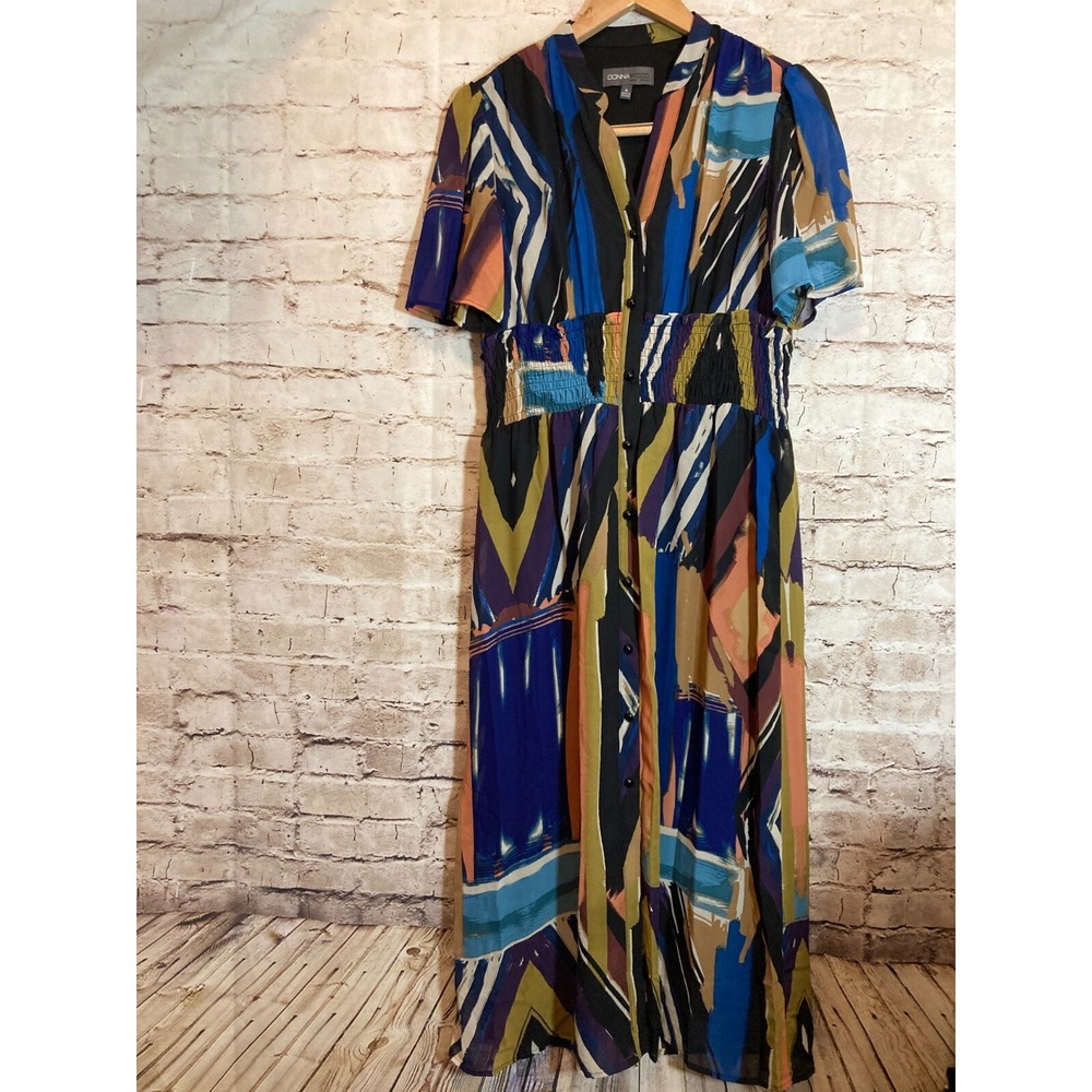Donna Ricco NY Midi Dress Womens 6 Geometric Button Front Smocked Flowy Artsy